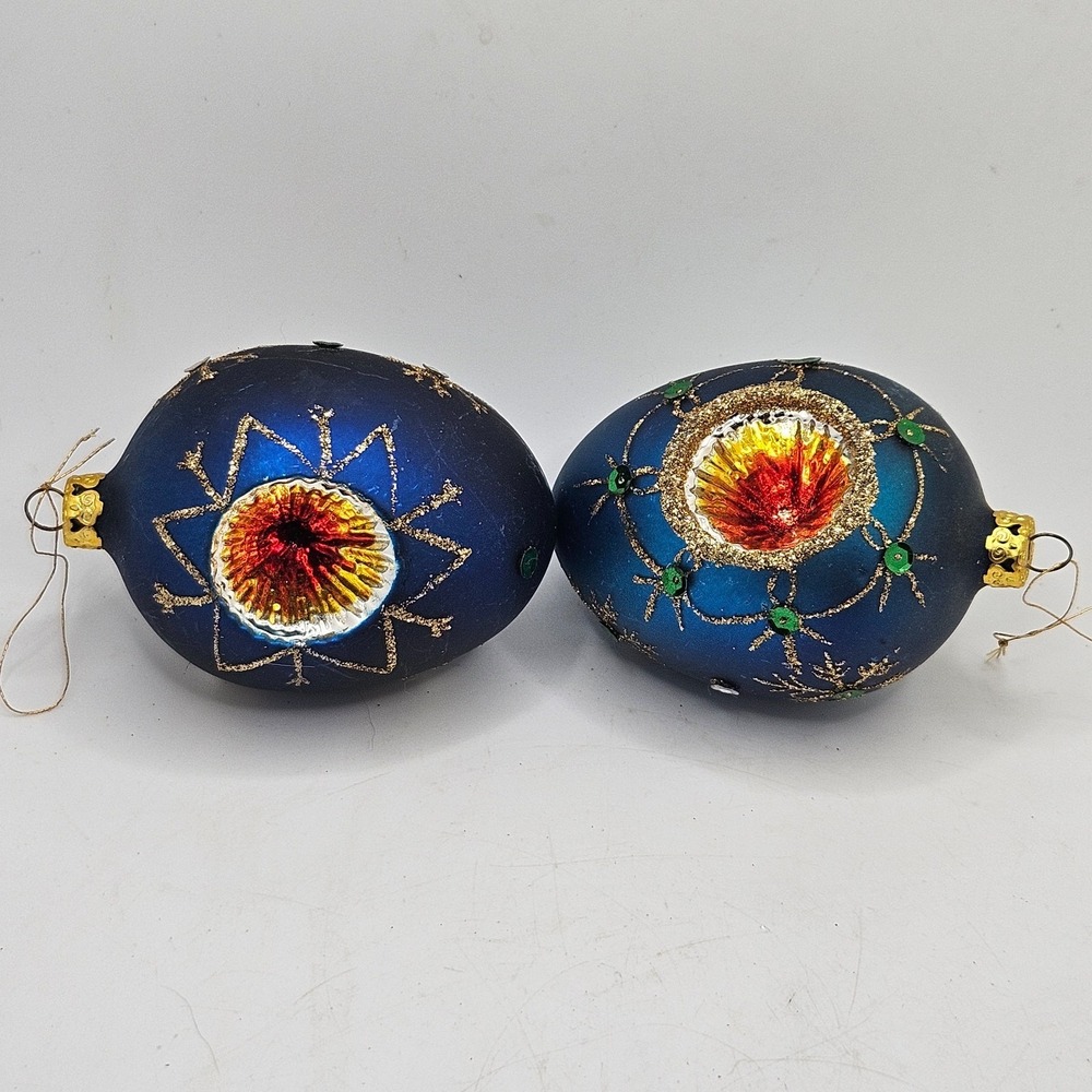Vintage Set of 2 Blue Indent Glass Christmas Ornaments Mercury Reflector Eggs